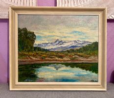 Tableau « Lac et montagnes » 1959 signé MB